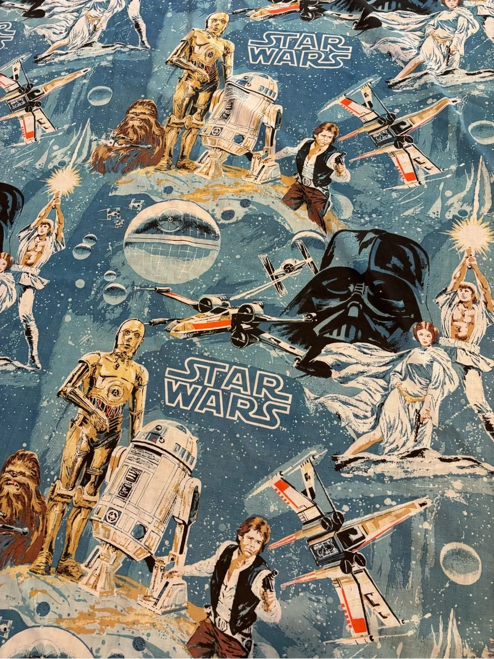 Vintage 1977 Star Wars Twin Fitted Sheet Blue Space Darth Vader Luke Leia Bibb